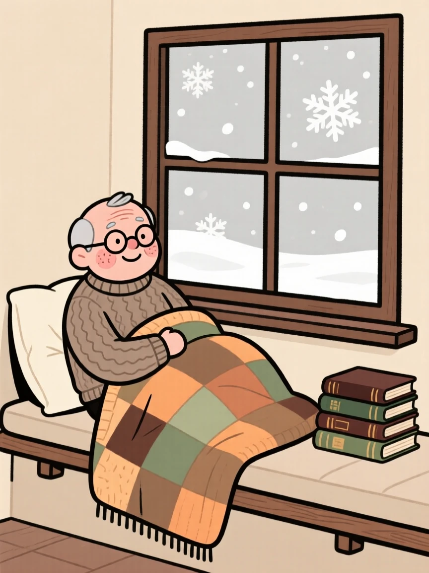A elderly man curls up in a window seat beside a stack of old books, wrapped in a knitted quilt while watching snow fall outside.