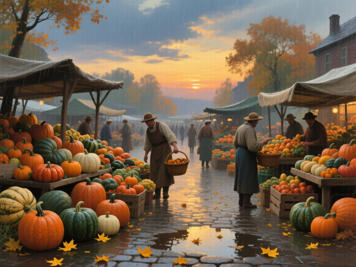 A panoramic view of a farmer's market overflowing with pumpkins and autumn squash, in the last light of sunset, during a light rain.