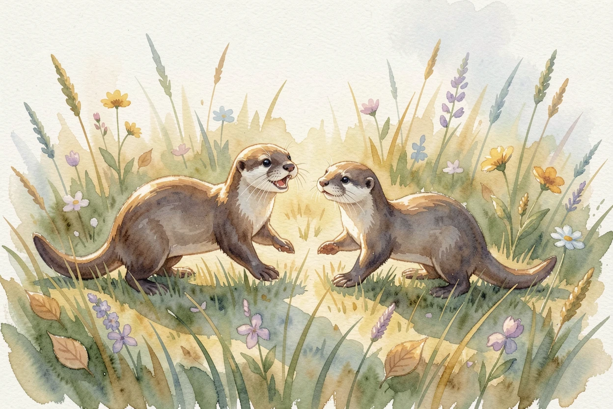 A pair of playful otters in a sunlit meadow.