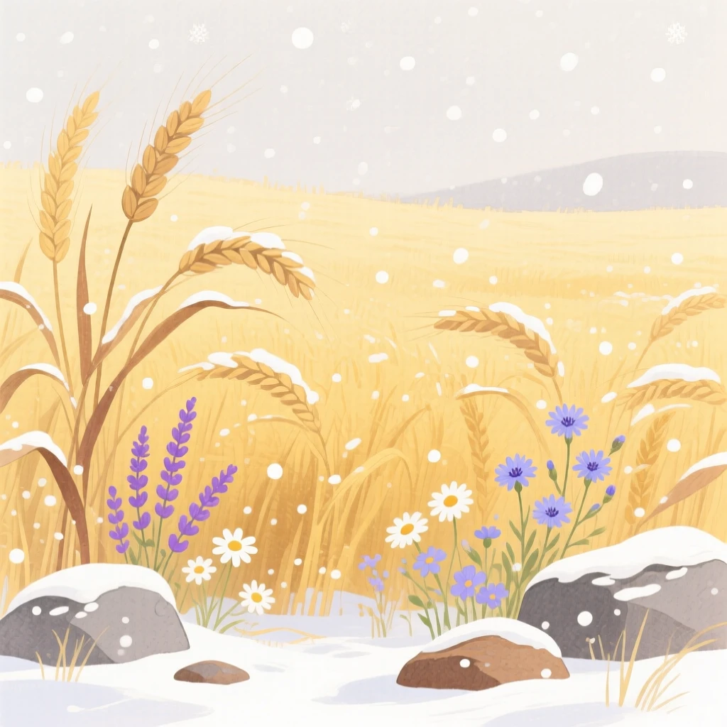 A breathtaking view of a golden wheat field during a gentle snowfall, where wildflowers grow between the rocks