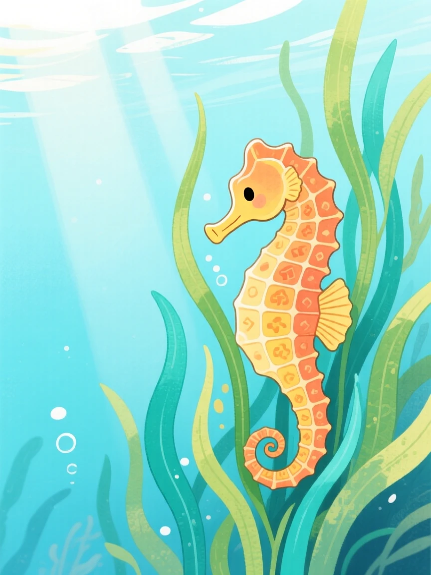 An exciting view of a seahorse resting among swaying sea grass.
