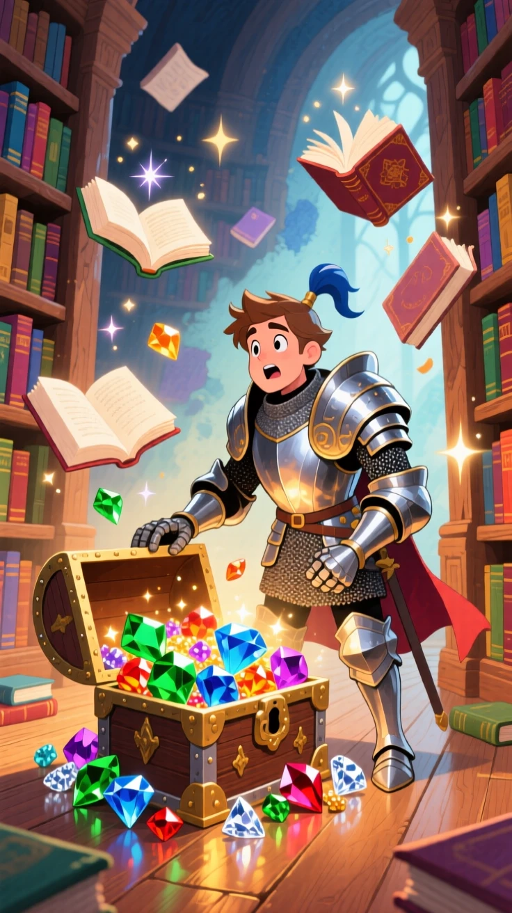 A brave knight in gleaming armor opening a treasure chest overflowing with glowing gems, in a mystical library with floating books, filled with wonder and magical excitement.