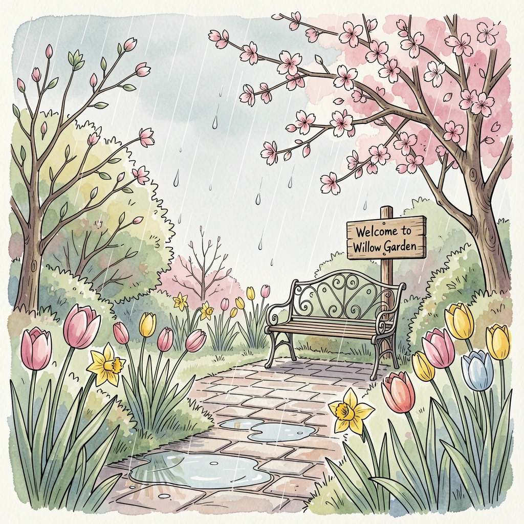 A spring rain shower over a garden bursting with fresh blooms, a nostalgic, comforting atmosphere settling over the scene.