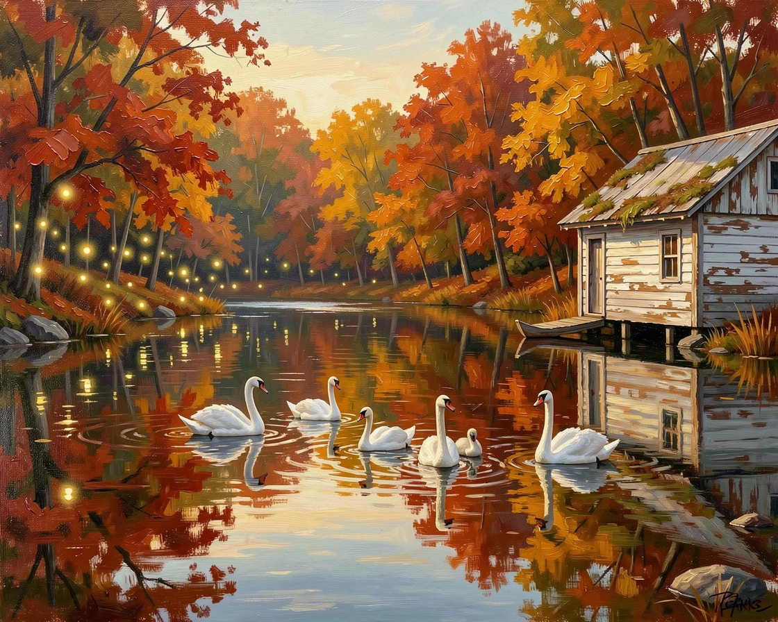On a calm summer evening, fireflies rising from the banks, a glassy lake ringed by autumn-colored trees, beside an old wooden boathouse, a family of swans gliding across the still surface.