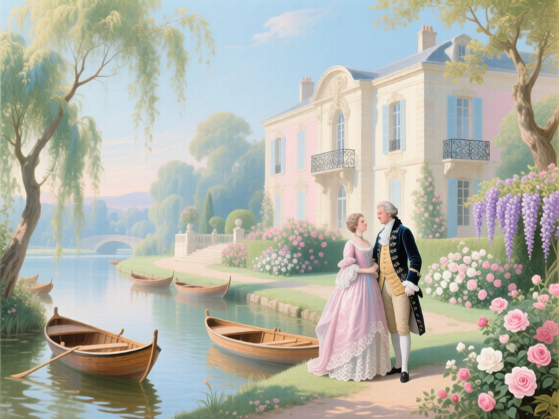 A riverside estate with boats moored beneath willow trees  
