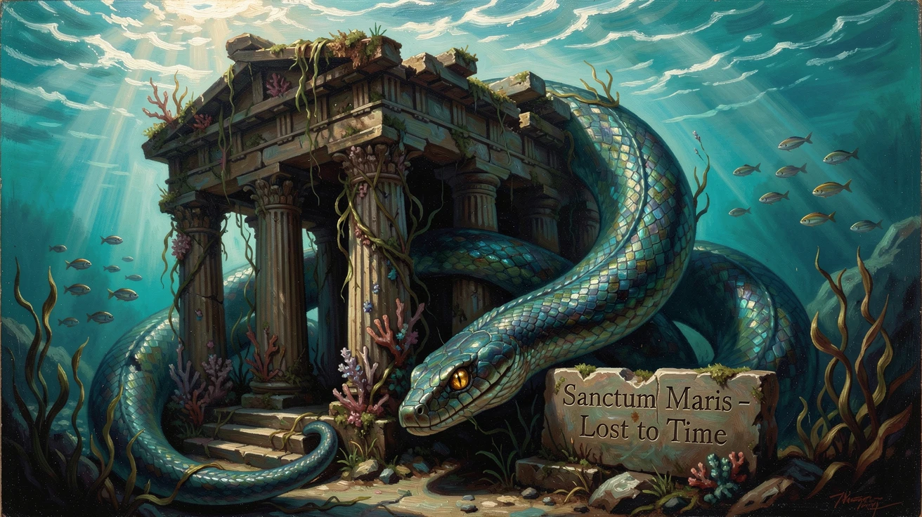 A giant serpent coils around a sunken temple beneath the waves.