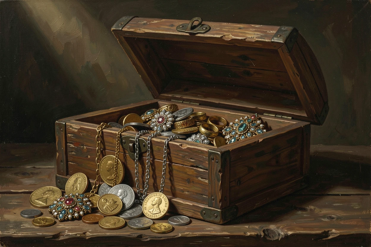 A collection of antique coins and jewelry spilling from a wooden chest, with soft, warm light highlighting every fine texture and detail, radiating warmth, richness, and understated opulence