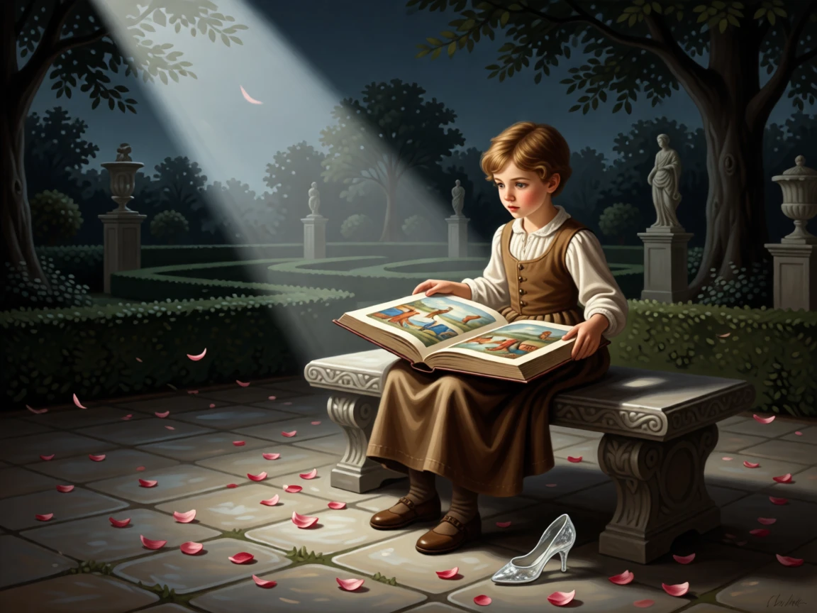 A young reader lost in an enormous illustrated storybook as the audience holds its breath in anticipation, set within a moonlit garden fit for legend, with scattered rose petals, an open storybook, and a forgotten glass slipper; a diagonal beam of moonlight highlights the pivotal narrative moment, filled with romance, imagination, and quiet drama.