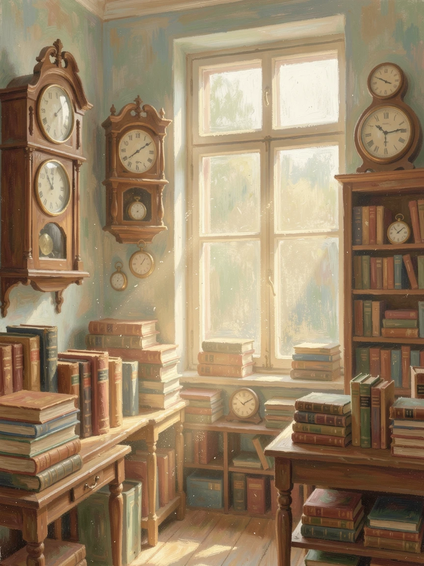 A quiet antique shop crowded with vintage clocks, dusty books, and a beam of light through a dusty window, in the gentle hush of early morning, conveying a feeling of romance and tranquility.