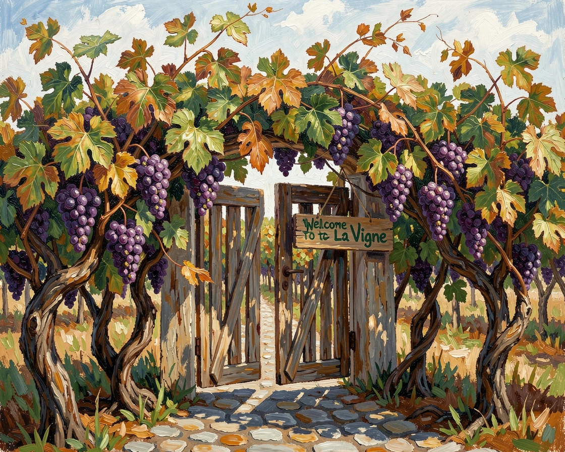 A vineyard garden with climbing grapevines framing a rustic wooden gate.
