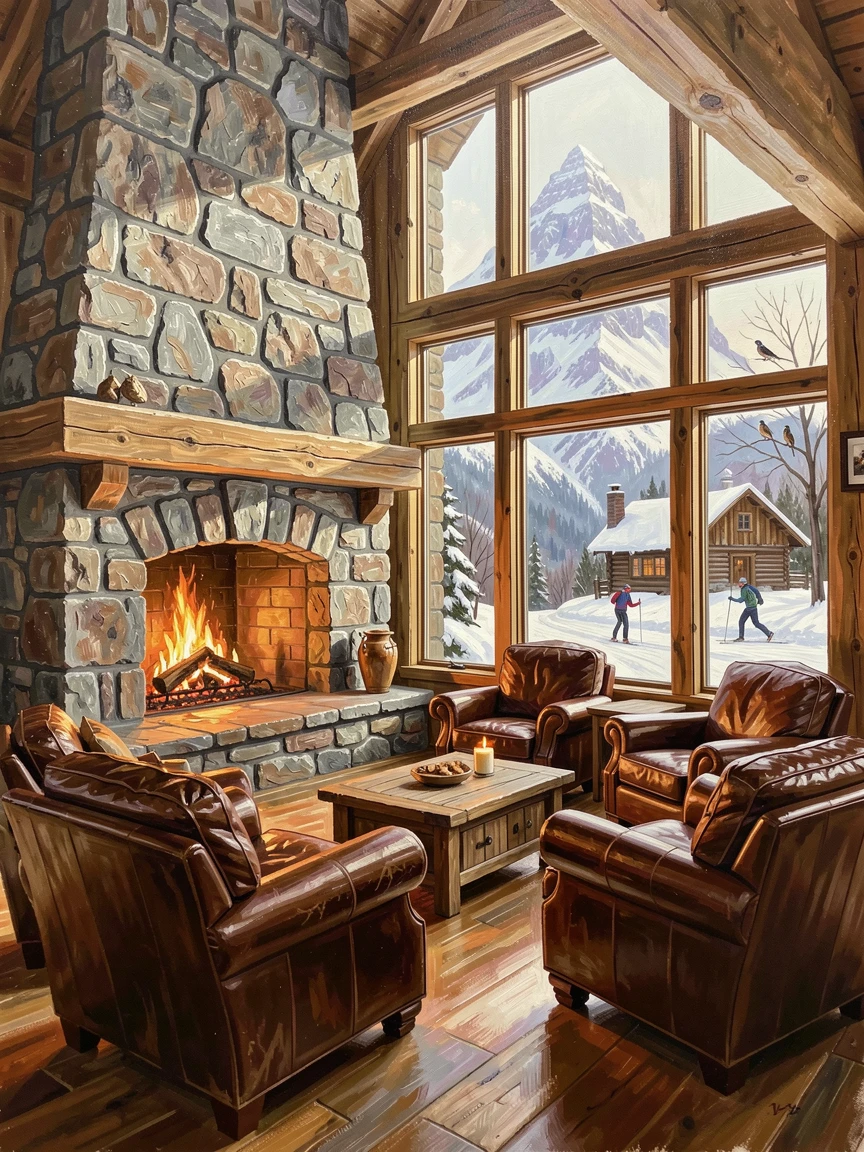 A rustic mountain lodge great room features a massive stone fireplace, leather armchairs, and floor-to-ceiling windows framing a snow-covered peak outside, local life visible in the background, adding a quiet sense of authenticity to the scene.