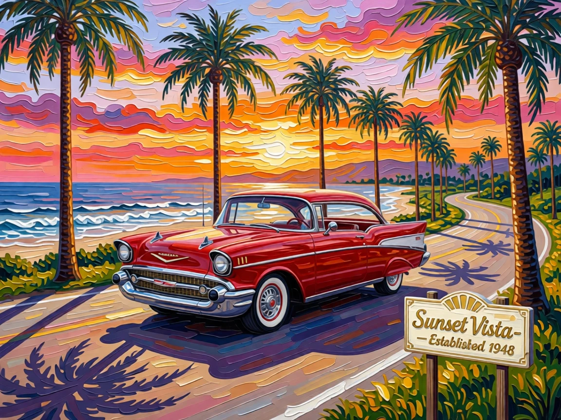 A classic vintage car parked along a palm-lined coastal road at sunset