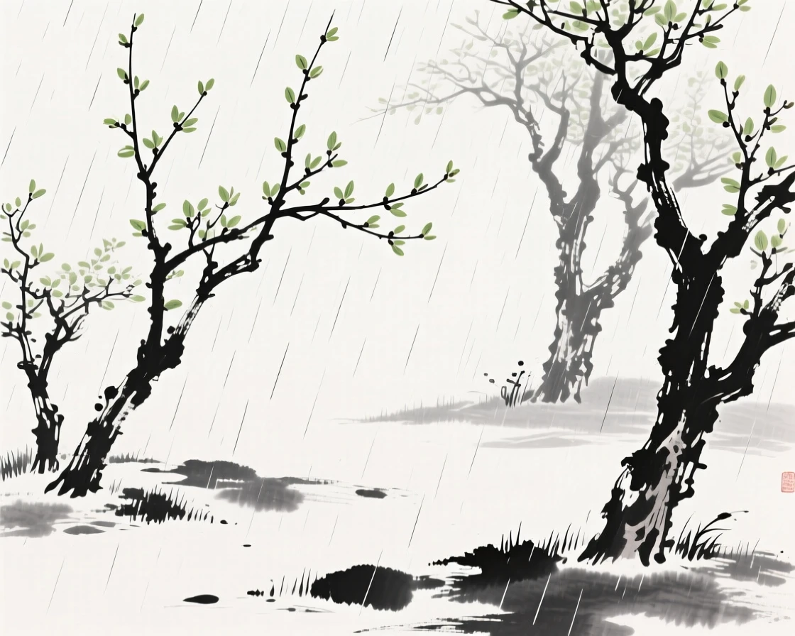 A gentle spring rain falls over a garden full of budding trees, as the last patches of winter frost melt away.
