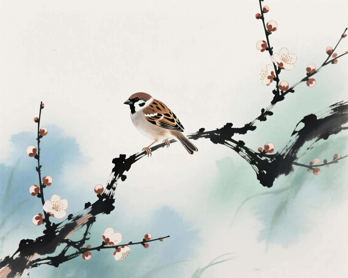A small sparrow perched on a blossoming plum branch, filled with tranquil stillness, through a light drifting mist, as spring blossoms unfold.
