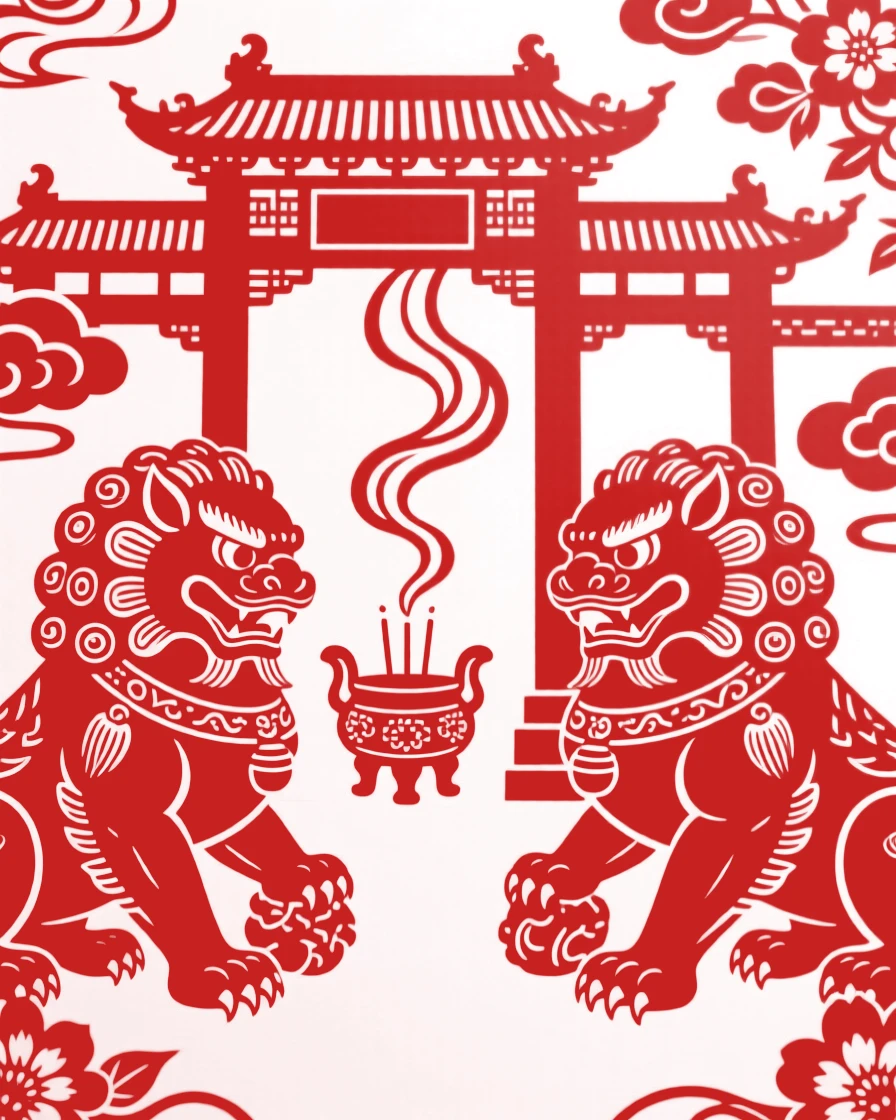 A row of stone lions guarding the entrance to a grand temple, incense smoke rising from urns nearby