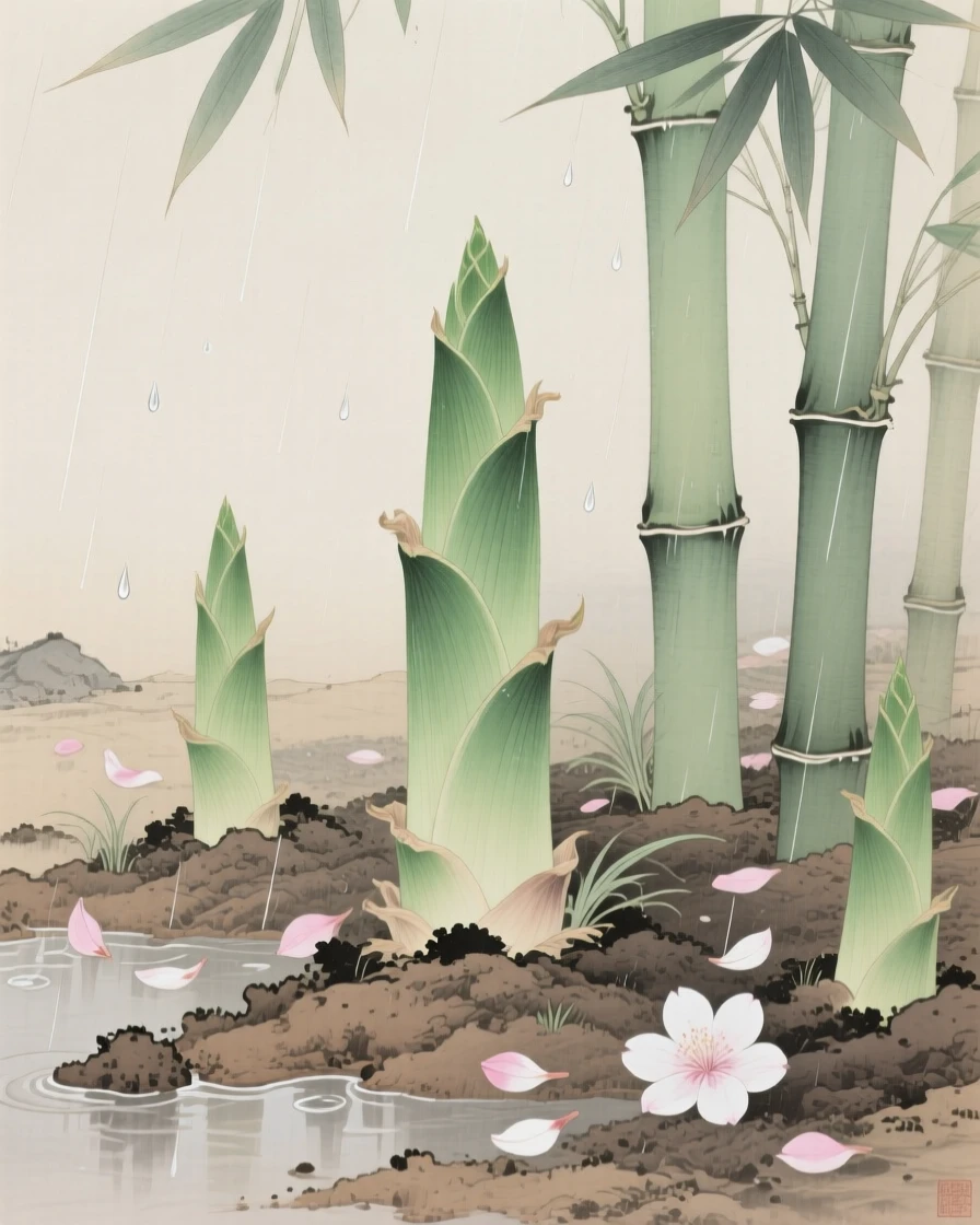 New green bamboo shoots pushing up through spring soil after rain, as a gentle breeze scatters petals across the ground
