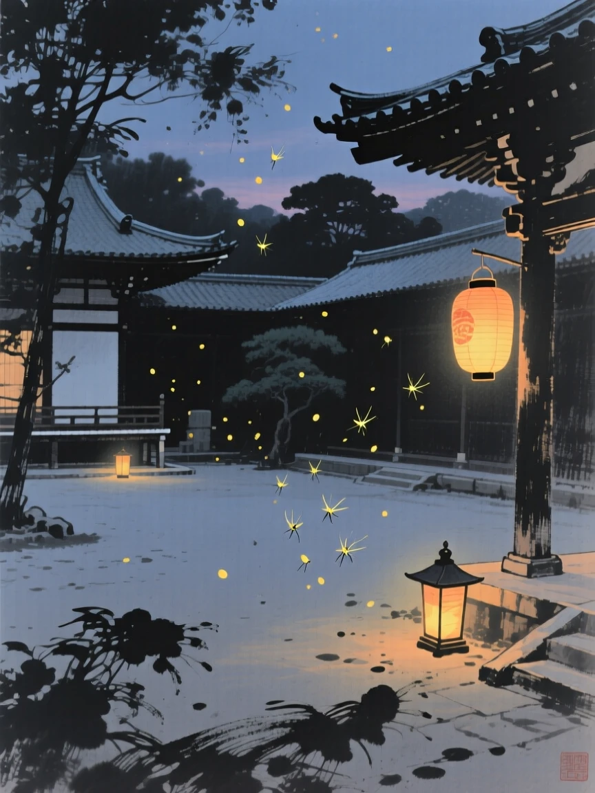 A summer evening filled with the glow of fireflies within a quiet temple courtyard, composed with warm lantern light glowing against a cool evening, suggesting nostalgia and gentle celebration.