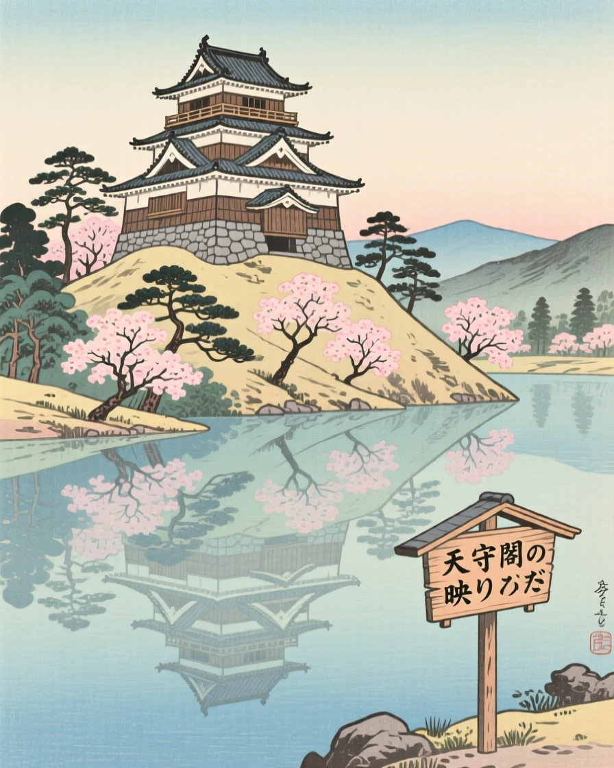 An ancient hilltop castle reflected perfectly in still water.