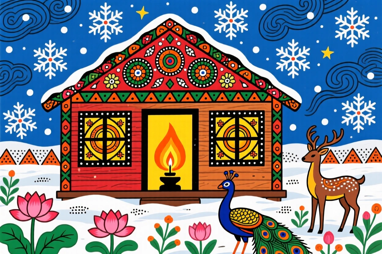A warm cabin glowing with candlelight against a backdrop of falling snow.