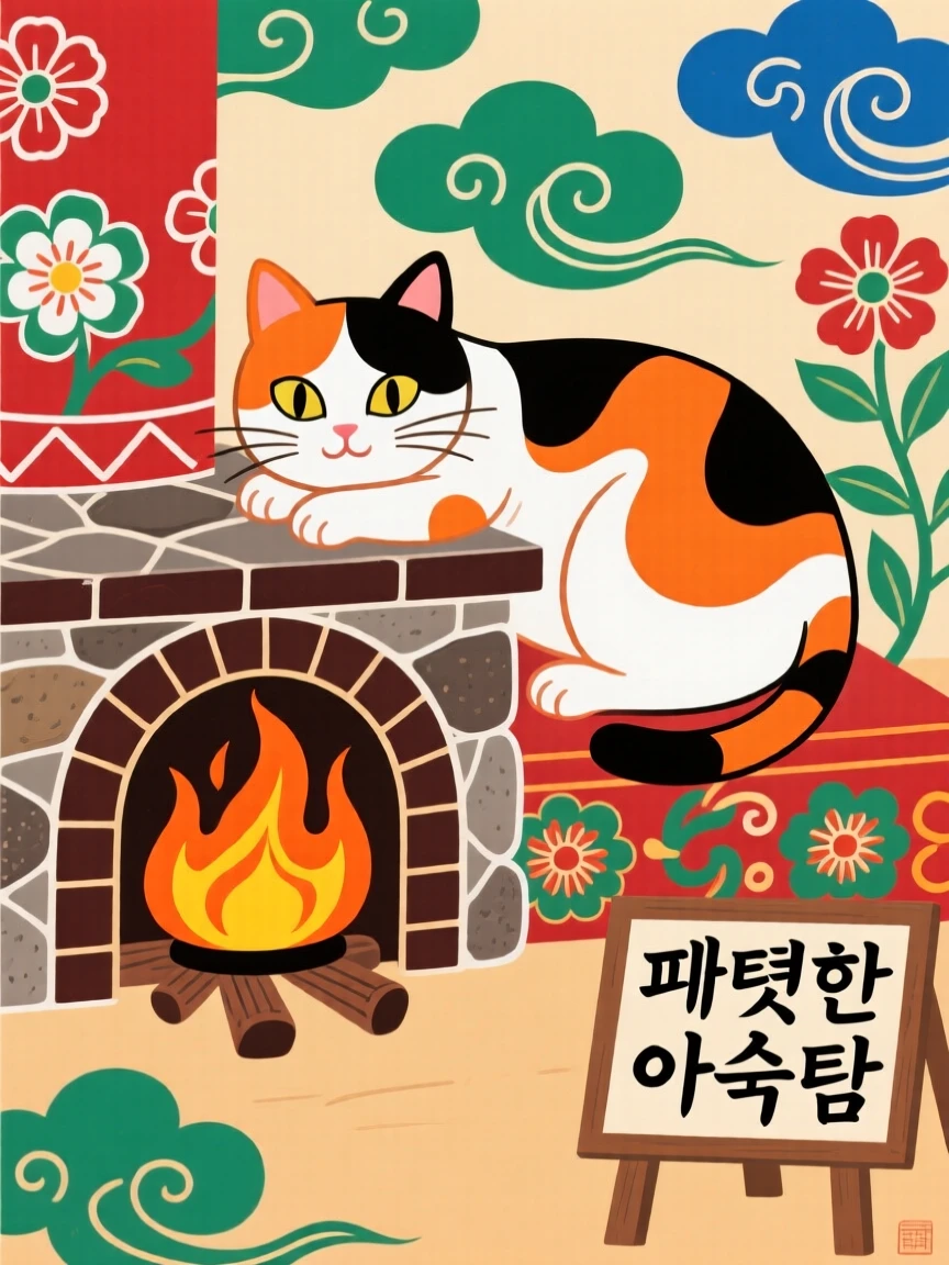 A calico cat resting beside a warm hearth.