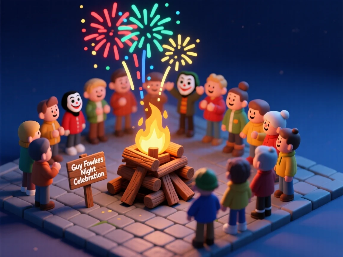 A Guy Fawkes bonfire celebration with a crowd gathered around a roaring fire, fireworks lighting up the night sky above.