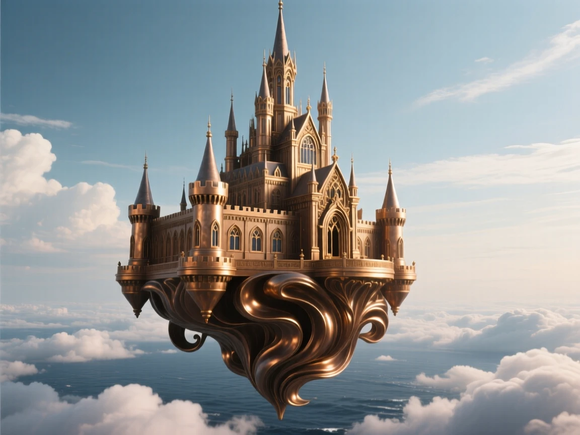 A floating castle anchored above a sea of clouds, capturing a powerful sense of mystery and magic, transporting the viewer to another world