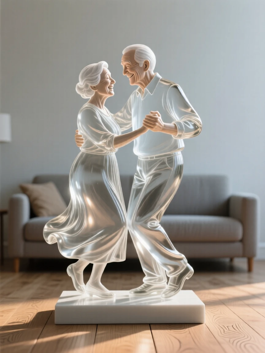 An elderly couple dancing slowly together in their living room, as gentle laughter fills the air around them