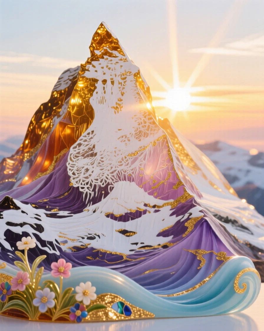 A grand mountain summit bathed in the golden light of sunrise, triumphant and vast.