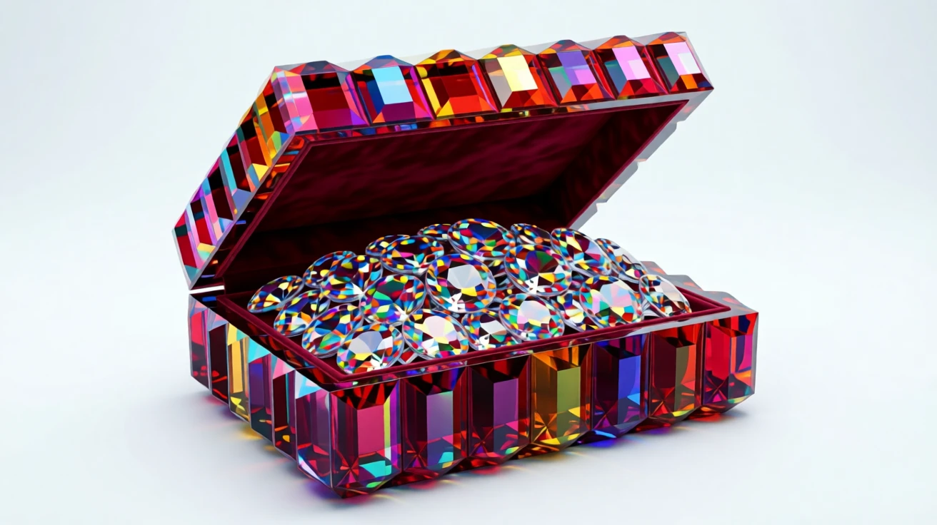 A luxurious velvet-lined jewelry box overflowing with sparkling gemstones.