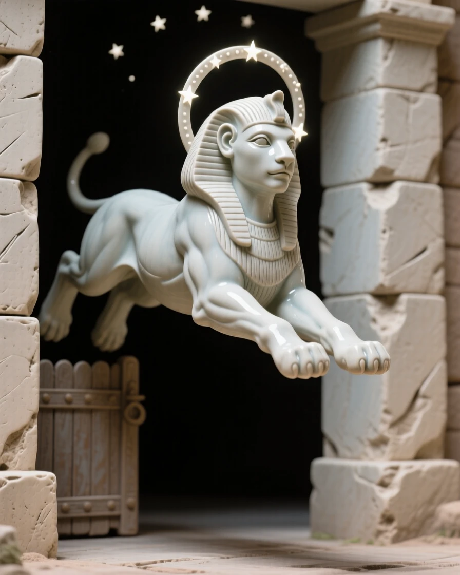 A sphinx reclining before an ancient gate caught in a graceful, weightless leap, haloed by a faint circle of starlight, conveying protective strength and loyal guardianship.