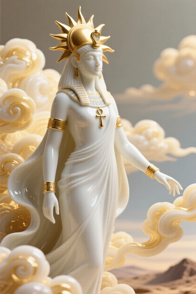 A mythological moment: an Egyptian sun deity descending from golden clouds, bathed in an otherworldly glow.