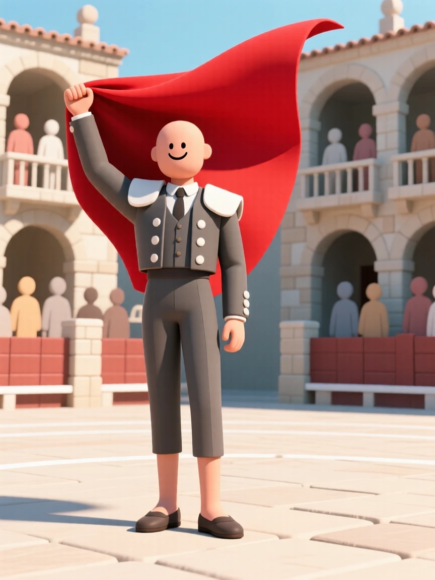 A proud Spanish matador waves a bright cape gracefully in a sunlit plaza, crowd cheering from stone balconies.