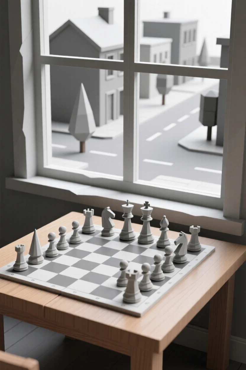 A chess set mid-game on a wooden table, on a windowsill overlooking a quiet street. fine textures and material details are clearly visible. The scene feels nostalgic and quiet.
