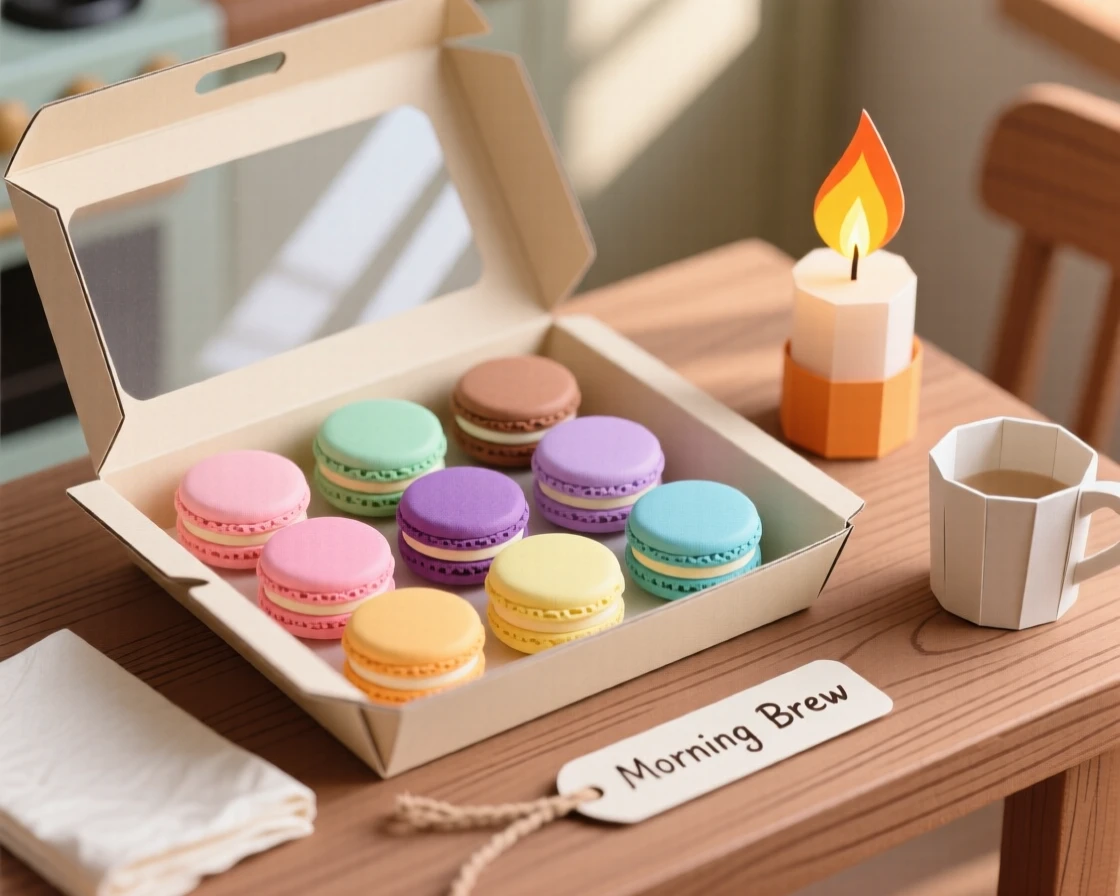 A tray of colorful macarons plated in a cozy candlelit kitchen, with morning light catching every texture, evoking comfort and rich flavor.