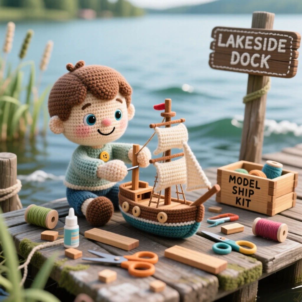 A cheerful scene of a small boy building a model ship with tiny wooden pieces spread out, gluing a small mast into place within a peaceful lakeside dock; a scattering of craft supplies on the table nearby, full of cheerful curiosity and hands-on delight.