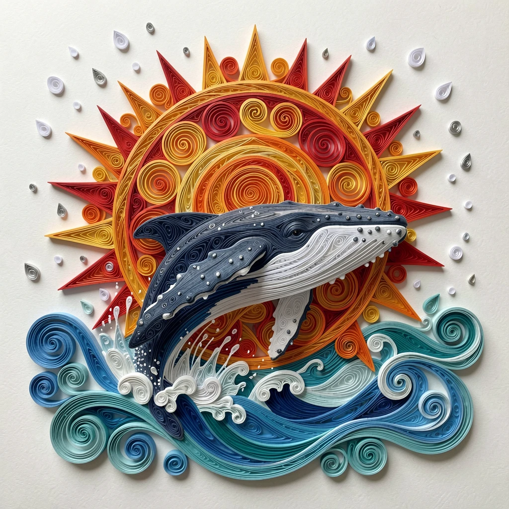 a humpback whale breaching against a setting sun, surrounded by softly rippling water, captured mid-action with dynamic movement, surrounded by softly falling snow.