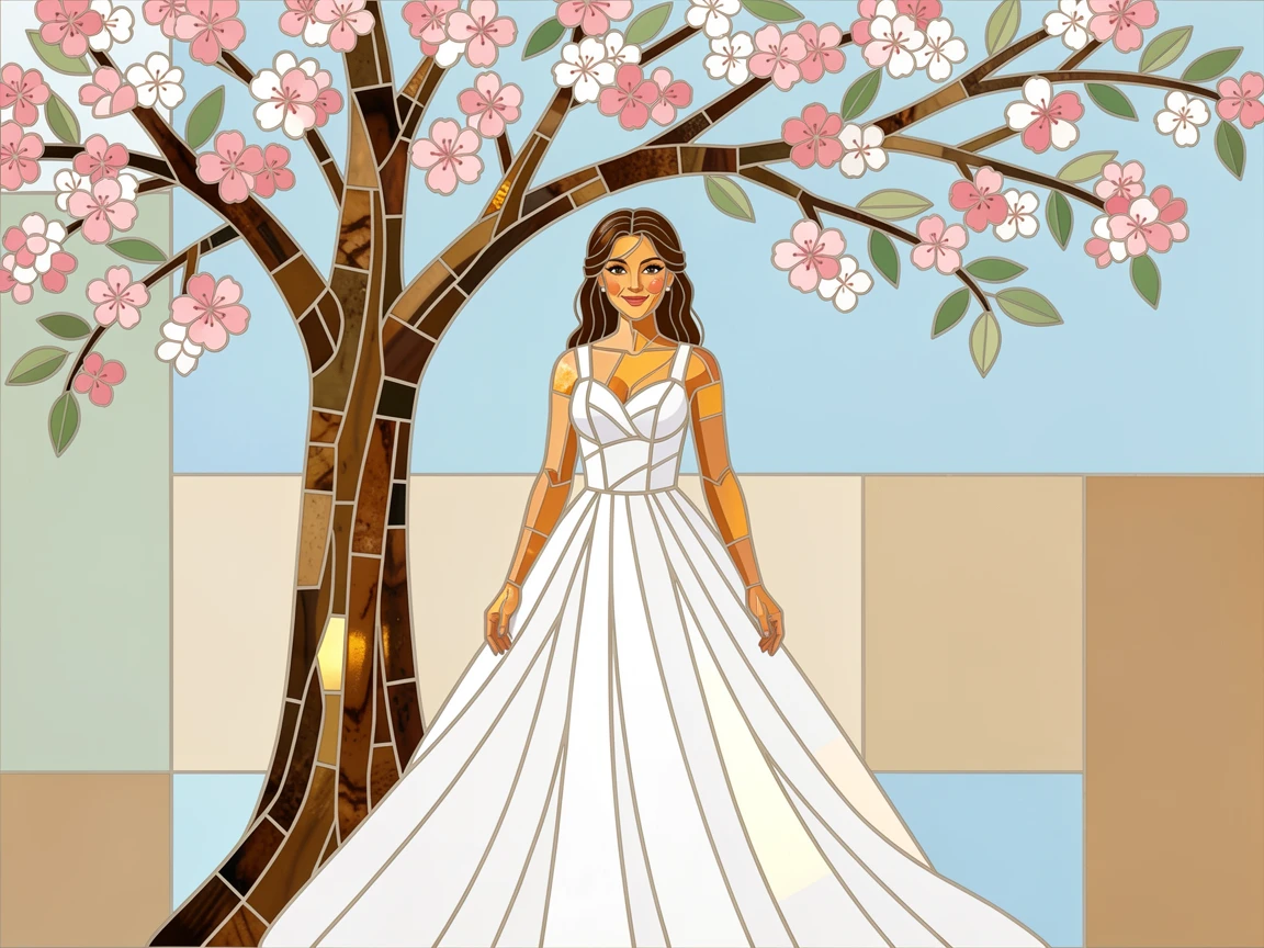 A warm, expressive portrait of a bride in a flowing white gown standing beneath a blossoming tree, with soft natural lighting and rich emotional detail.