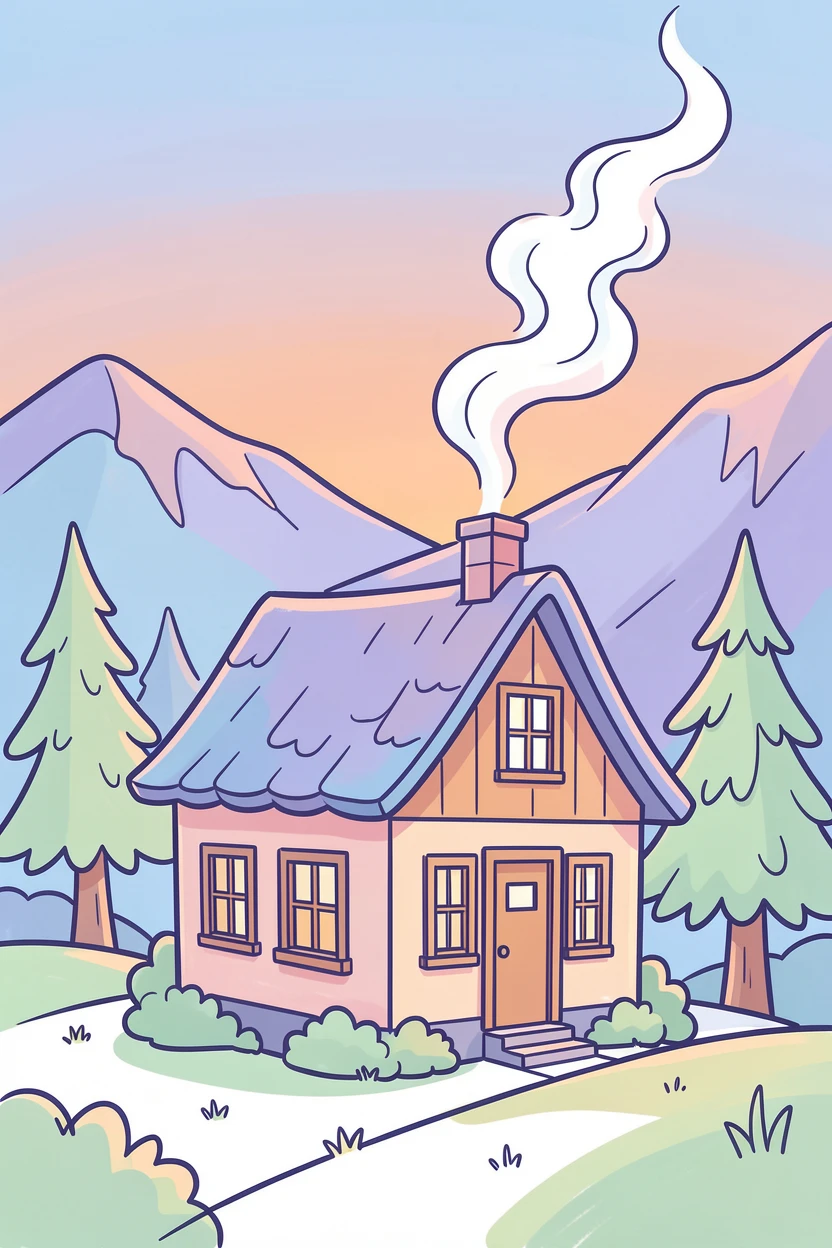 A quiet mountain cabin with smoke curling gently from its chimney at dusk.