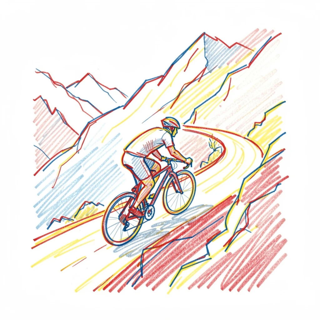 A cyclist climbing a steep switchback road in the mountains at sunrise