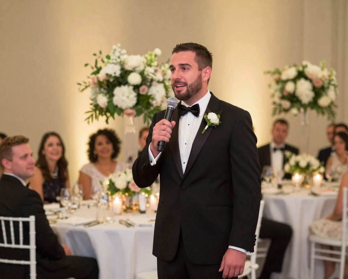 A best man giving an emotional wedding toast