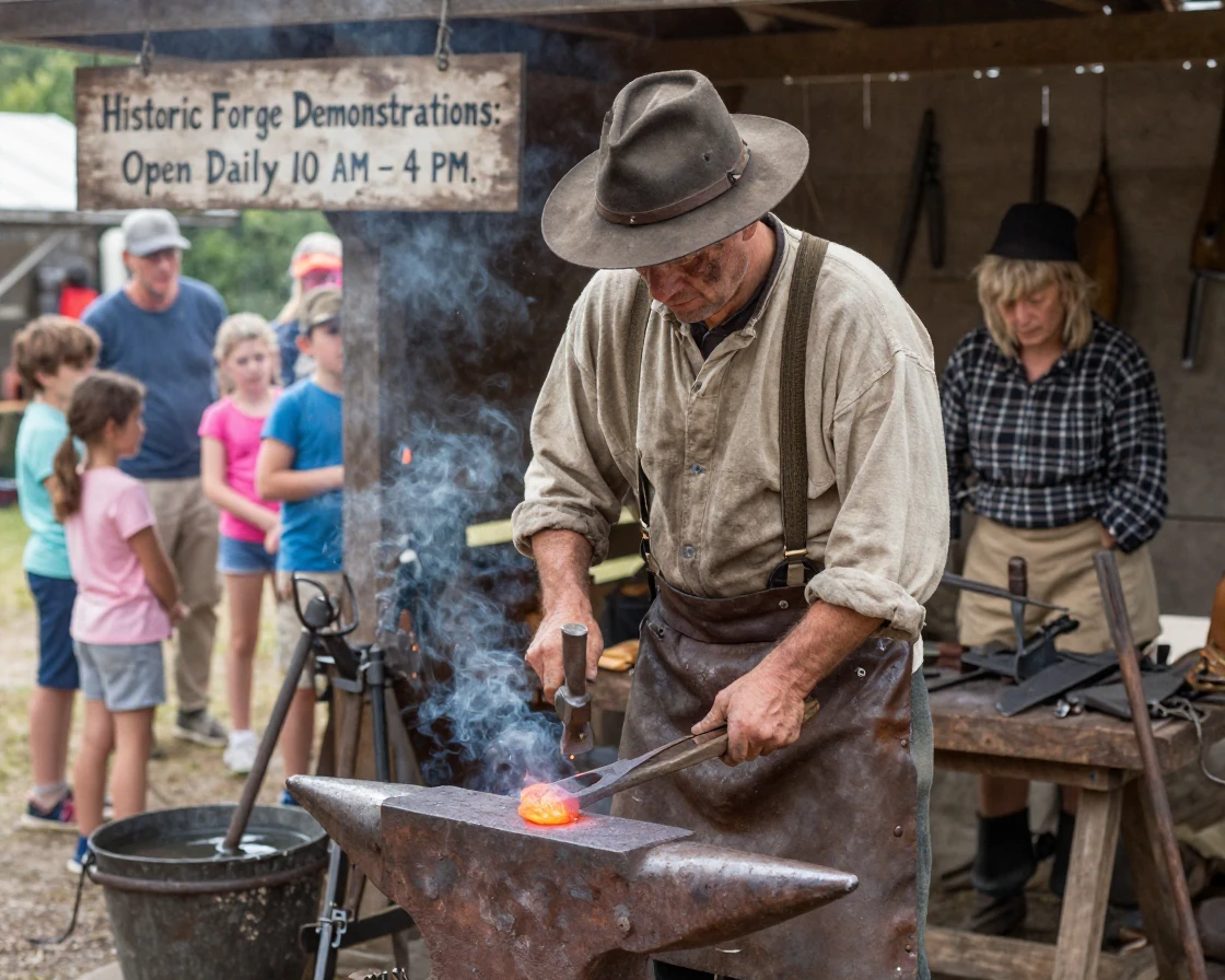 A blacksmith in period dress demonstrates traditional forging techniques at a living history museum.