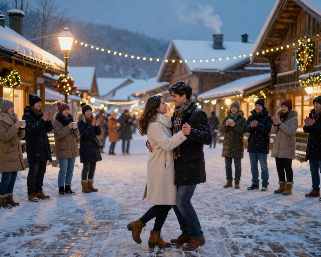 A young couple dancing together at an outdoor celebration in a snow-covered village square