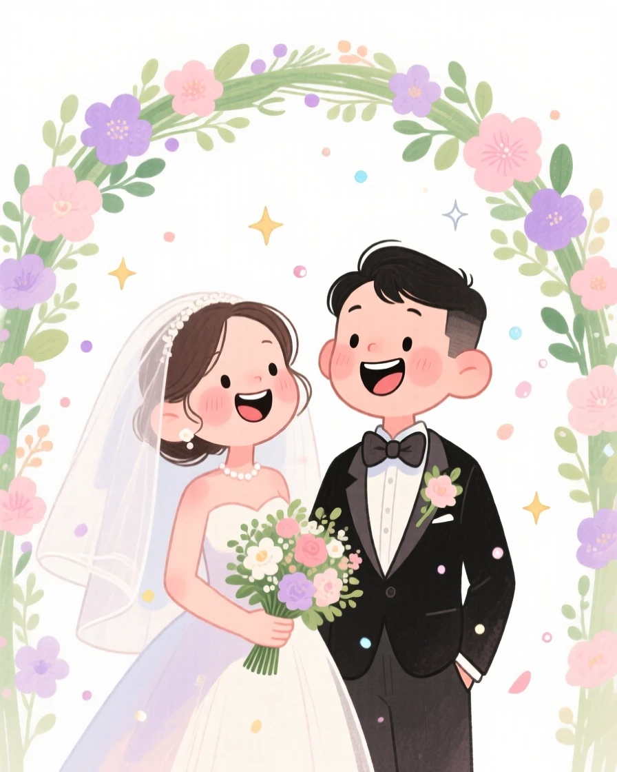 A joyful celebration scene of a wedding scene with a couple under a floral arch, sparkling with celebratory energy