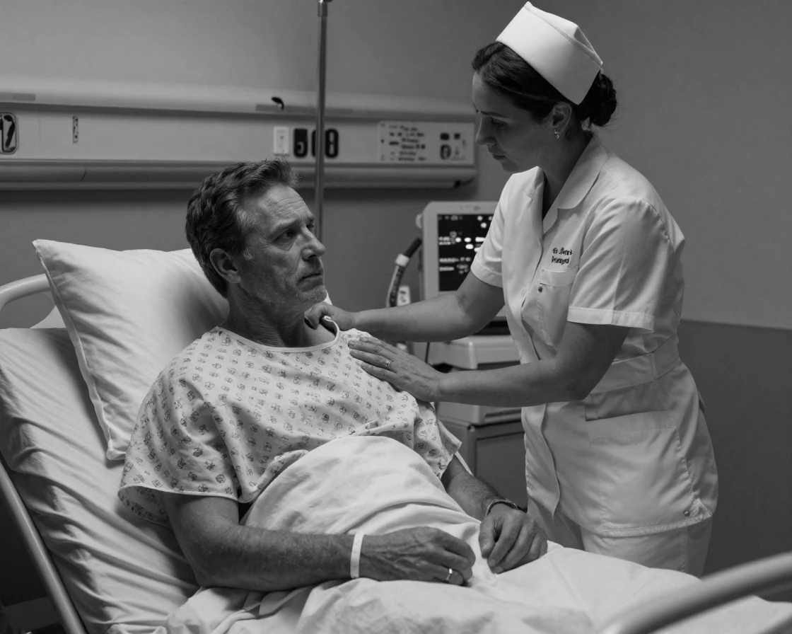 A nurse comforts a patient before surgery beside a hospital bed.
