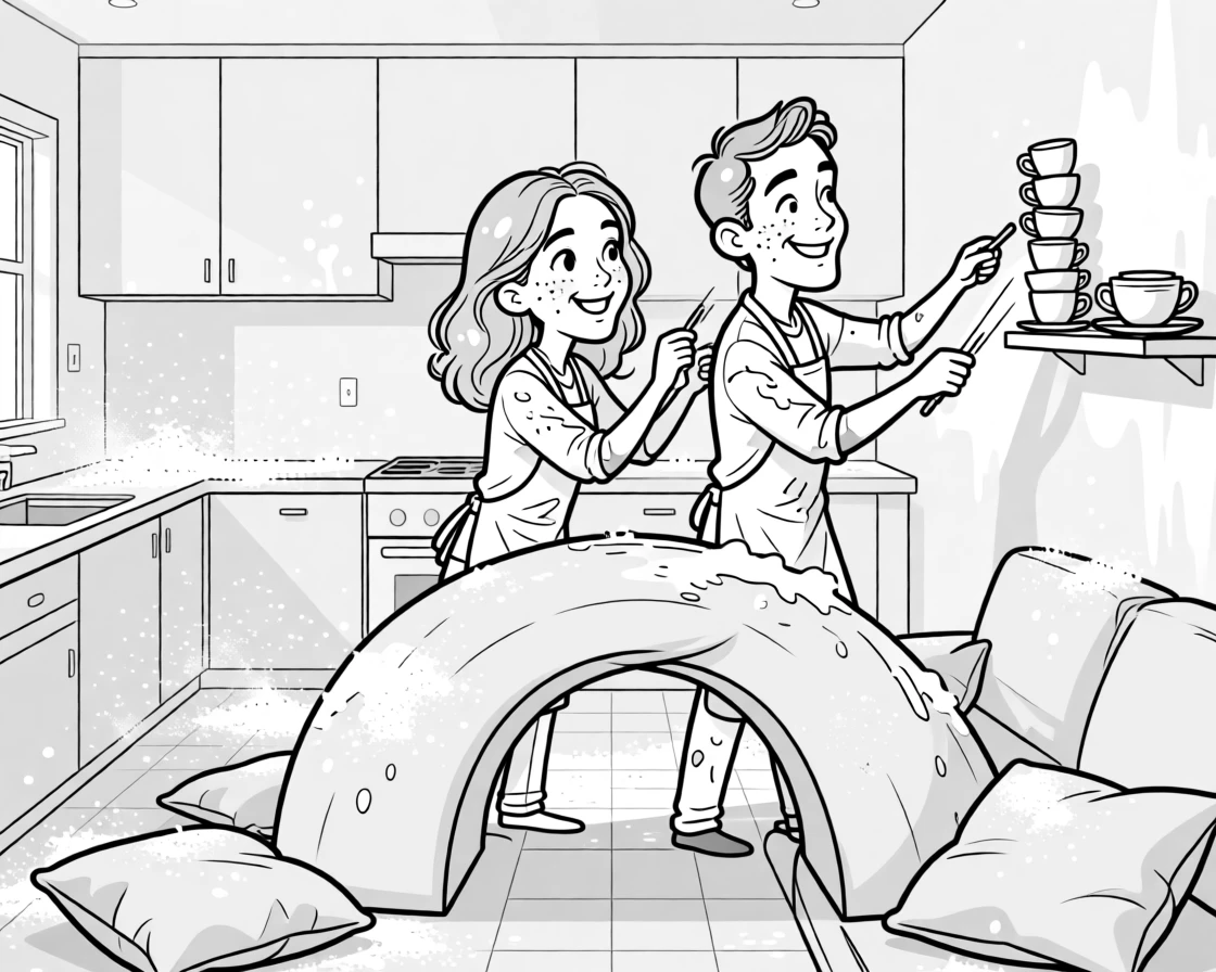 Two partners repainting a room and ending up covered in paint, grinning competitively while narrowly avoiding a display, set in a kitchen dusted white with flour. Couch cushions form a lopsided, collapsing archway. There's a tender sweetness beneath all the silliness.