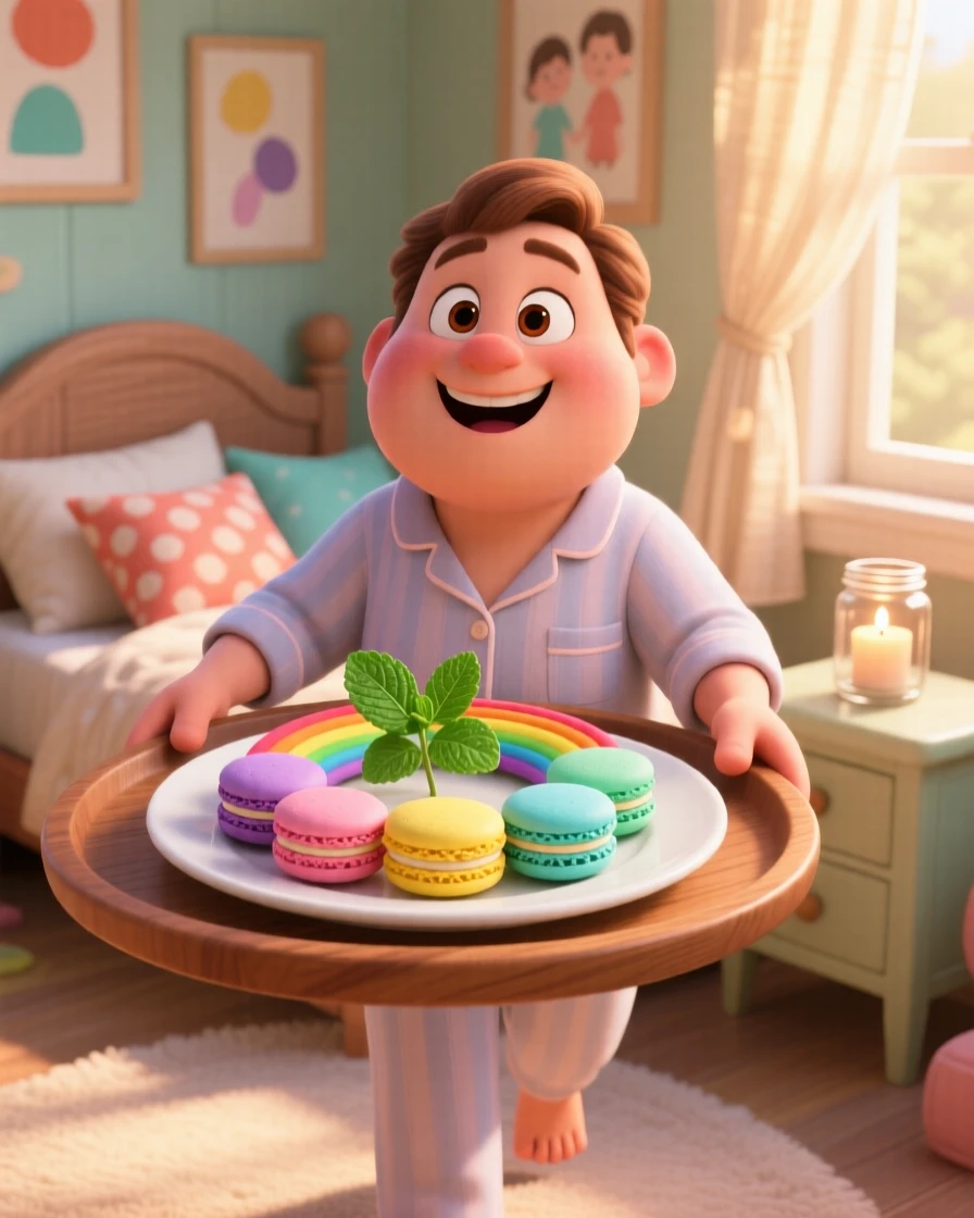 A rainbow of macarons arranged on a plate sits on a tray carried to a cozy bedroom, garnished with a sprig of fresh mint. The mood is festive and appetizing.