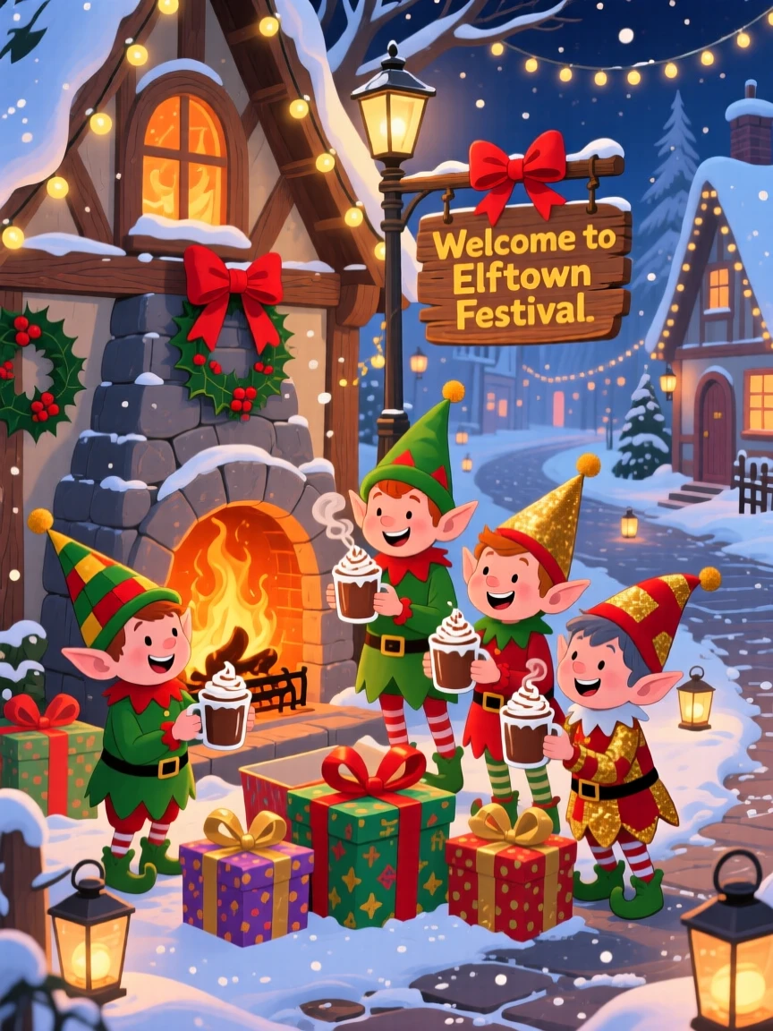A group of cheerful elves gather in a festive village street, opening presents beside a crackling fireplace, while warm cocoa steams in every hand.