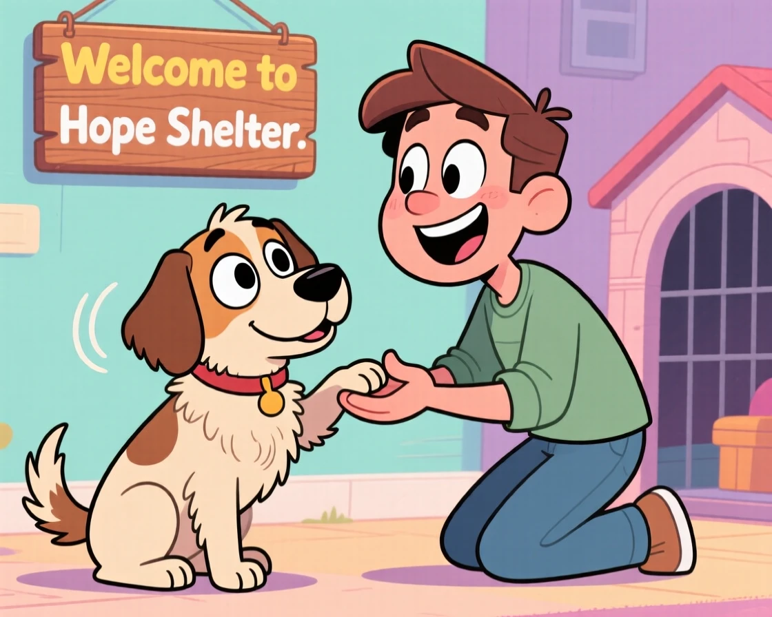 A heartwarming moment depicting a rescued shelter dog offering a kind gesture to someone.