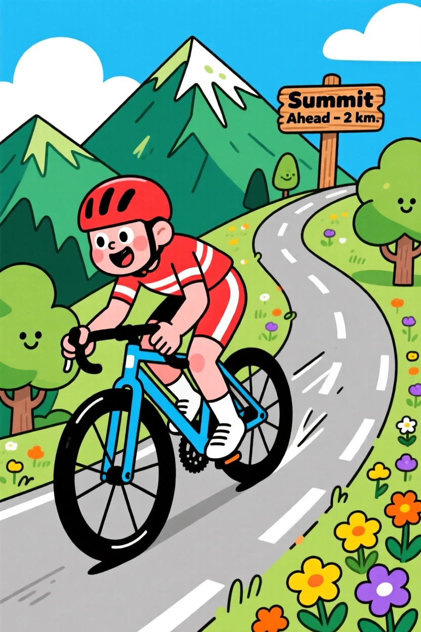 A cyclist climbing a scenic mountain pass on a road bike.