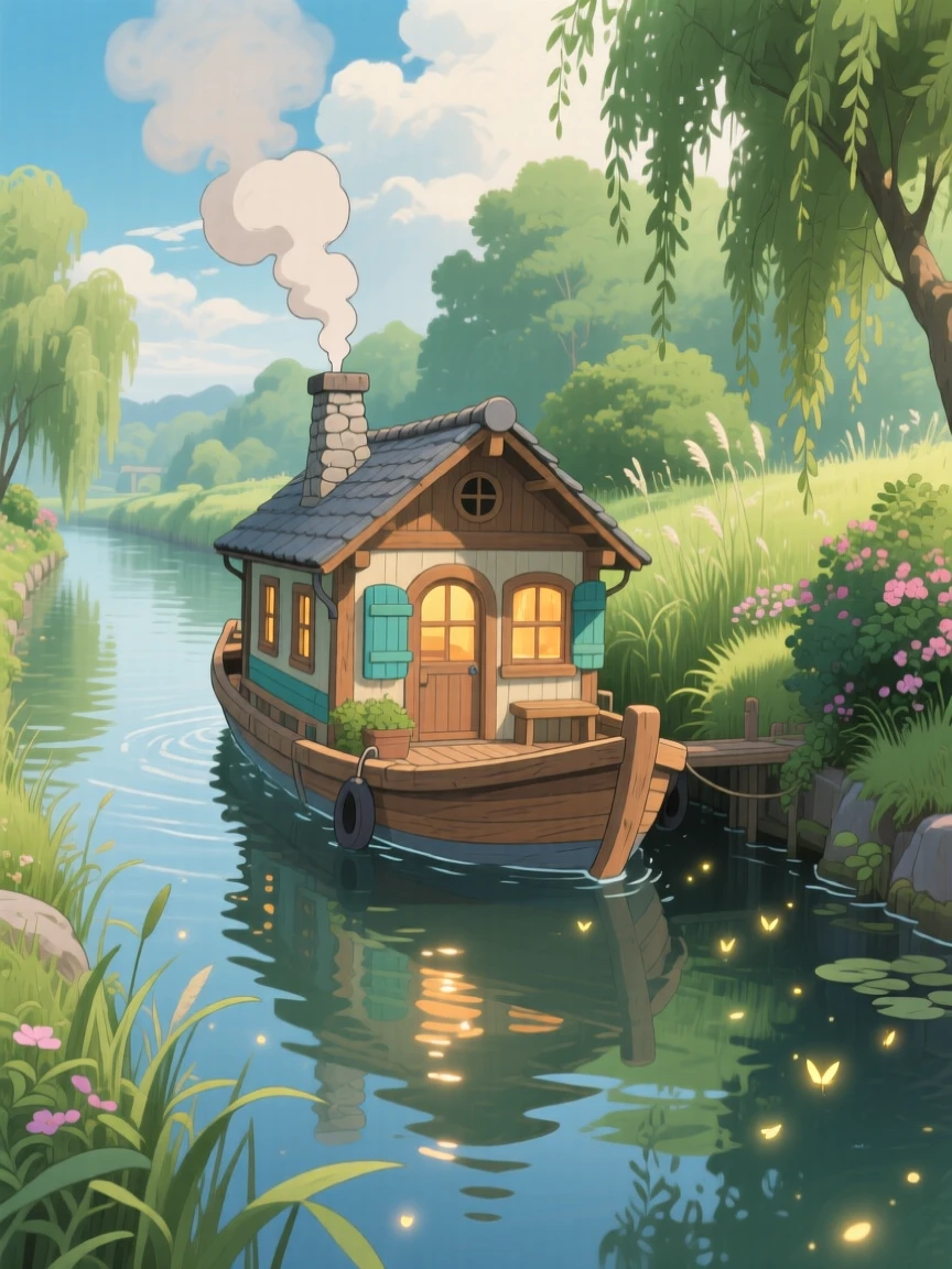 A charming view of a houseboat moored along a tranquil canal, with smoke curling gently from its chimney.